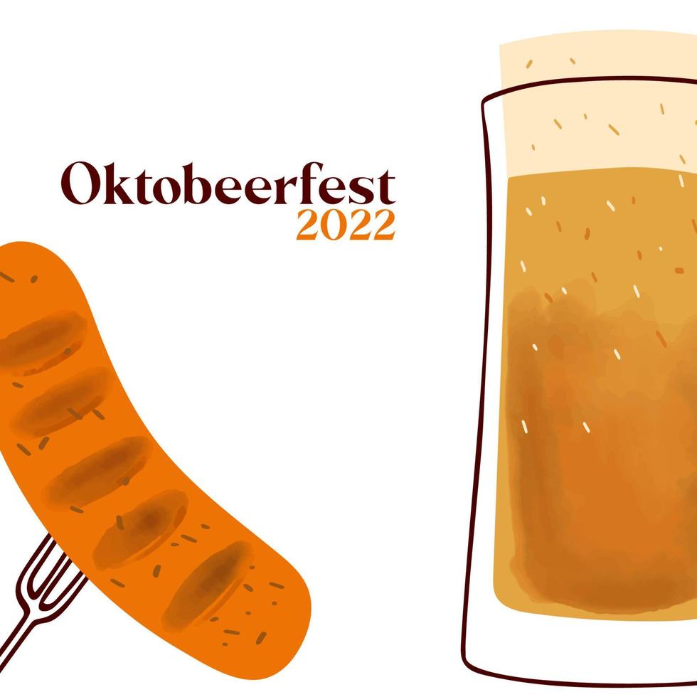 octobeerfest 2022 ilustración con jarra de cerveza estilizada y salchicha en un tenedor sobre fondo blanco vector