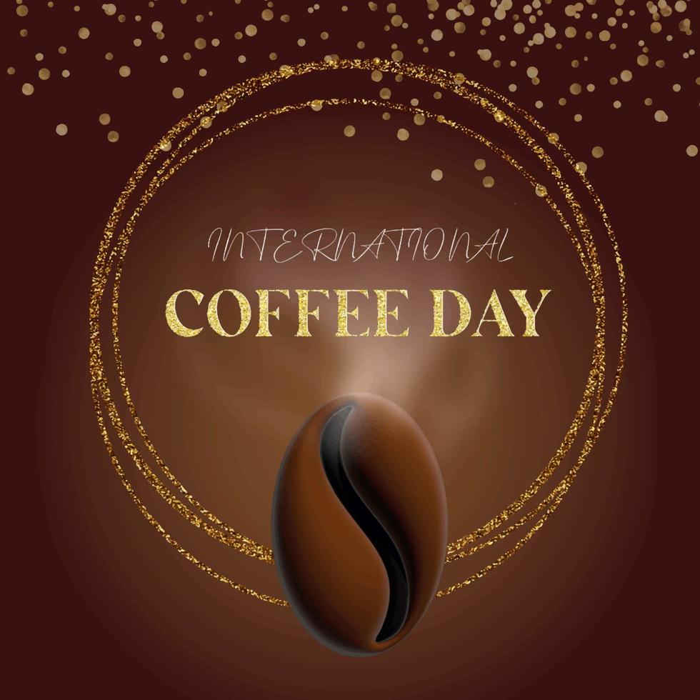 illustration coffee grain on brown color with golden texture and text International coffee day vector
