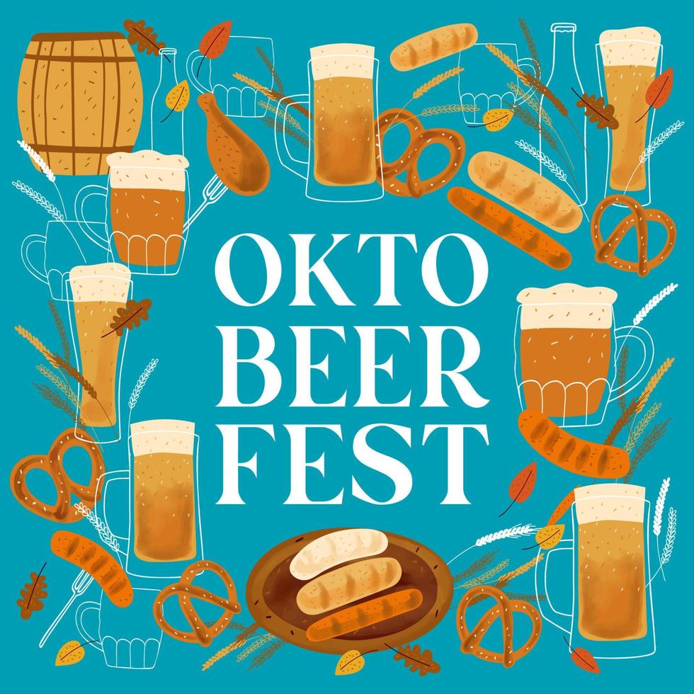 diseño de la tarjeta del festival de la cerveza octobeerfest con ilustración estilizada jarras de cerveza, bocadillos de pretzel y salchichas a la parrilla sobre fondo azul vector