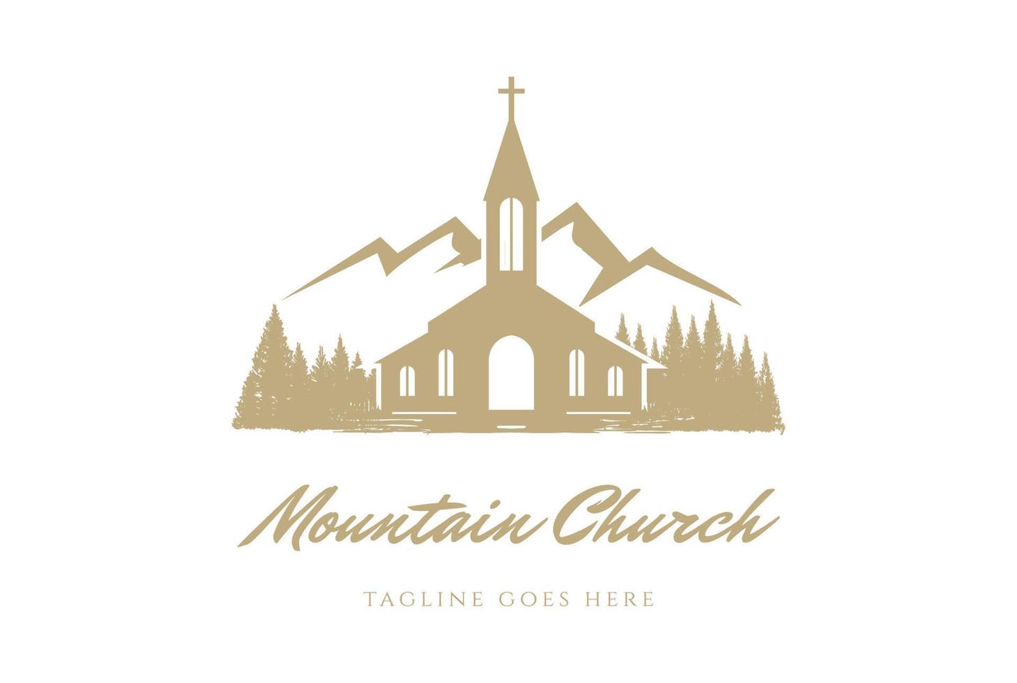 Vintage Mountain Pine Evergreen Spruce Larch Cypress Fir Trees Forest with Christian Church Chapel Logo Design vector