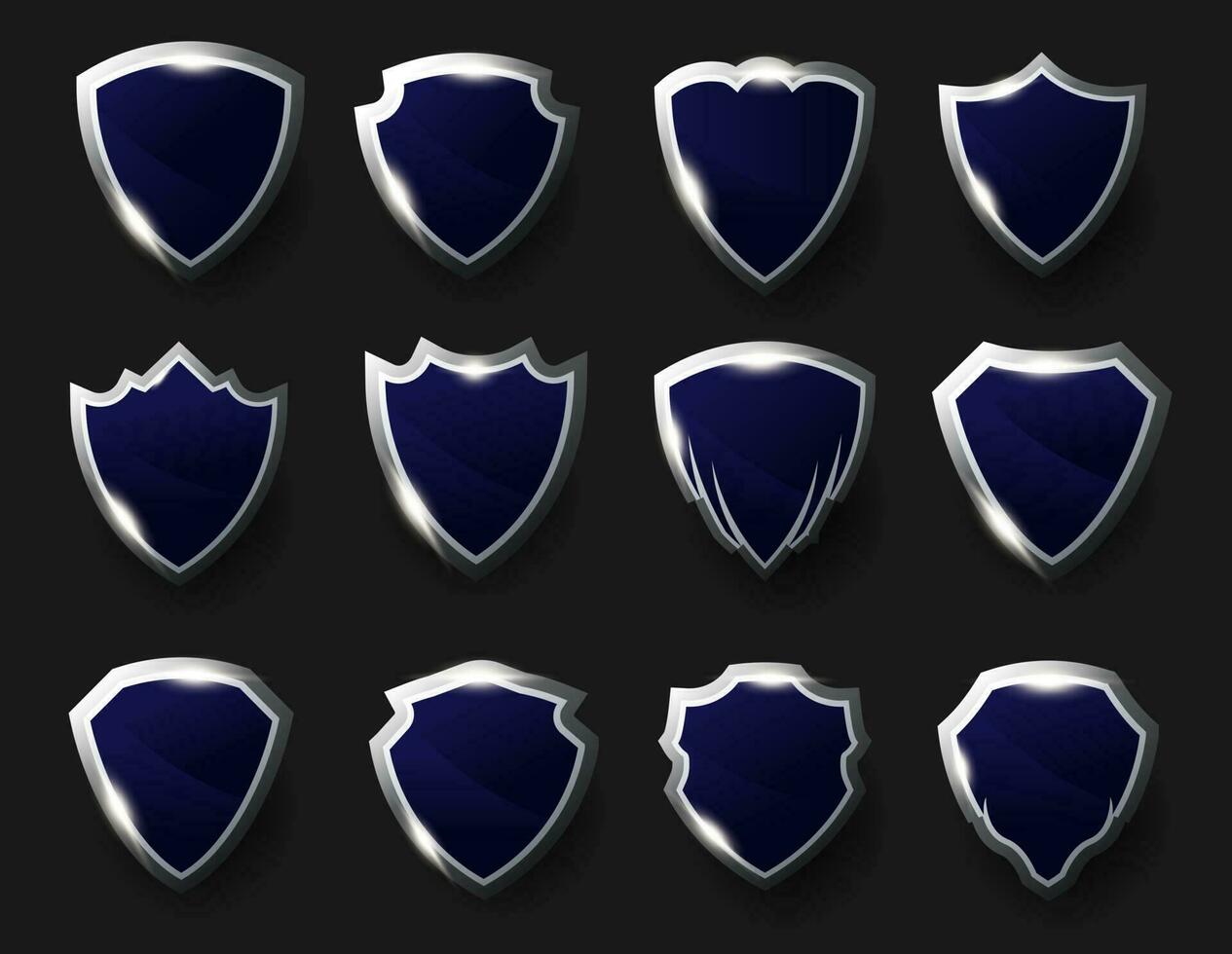 Glossy blue and silver shield emblem or badge collection. shield logo vector