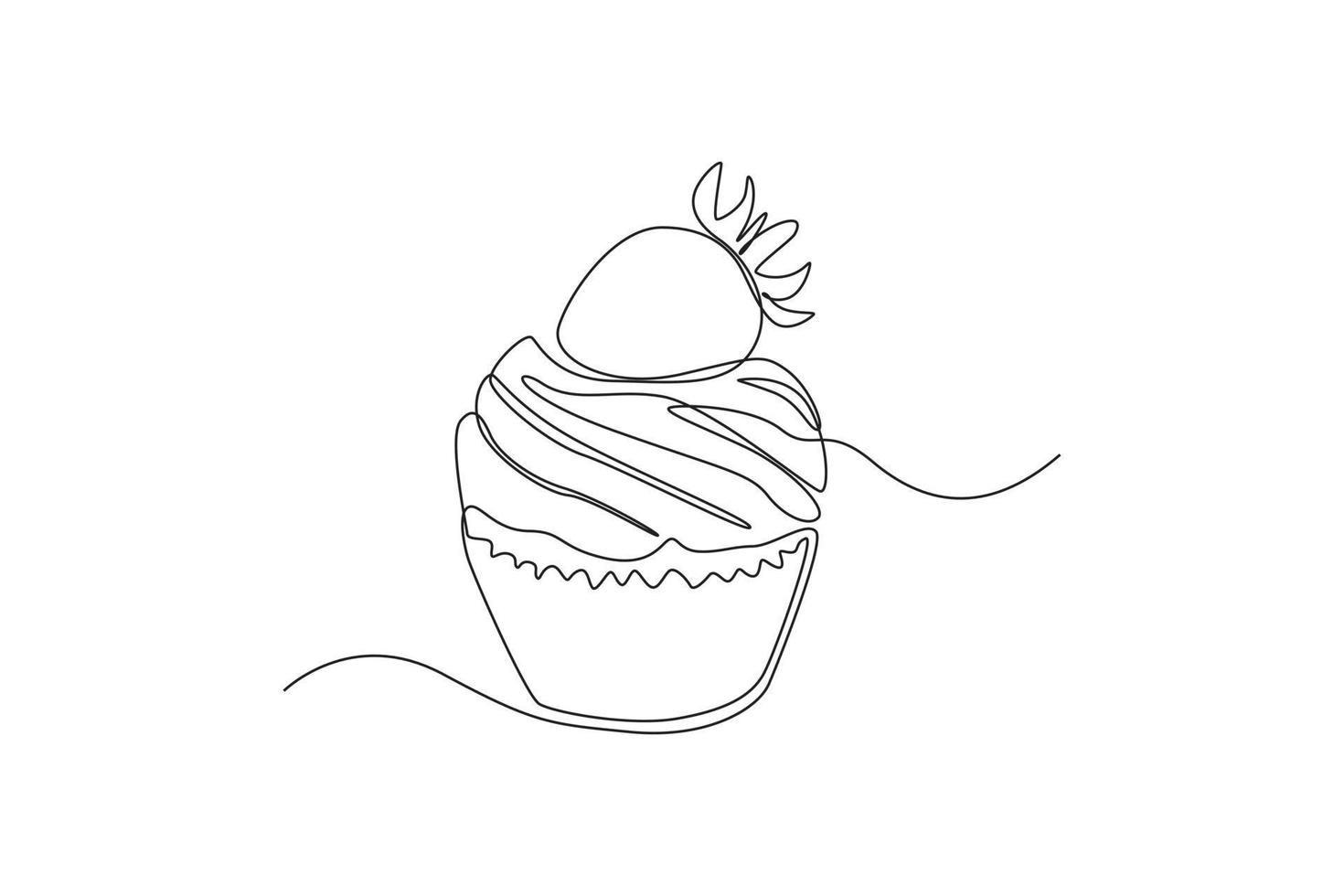 Continuous one line drawing Cupcake with strawberry on top. Dessert concept. Single line draw design vector graphic illustration.