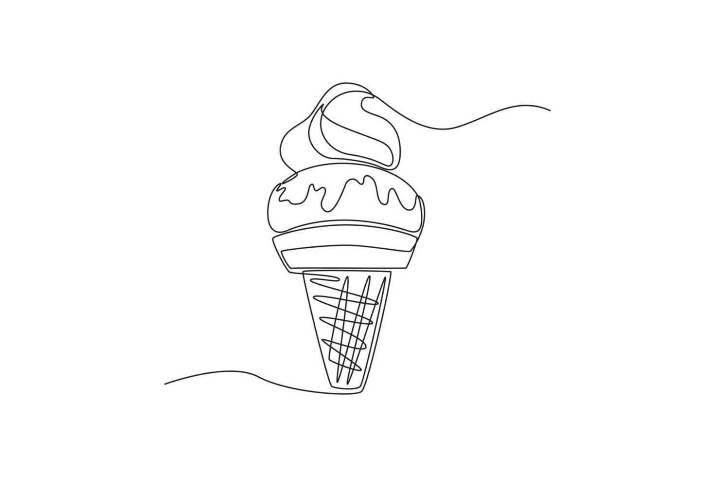 Continuous one line drawing melting ice cream balls in a waffle cone. Dessert concept. Single line draw design vector graphic illustration.