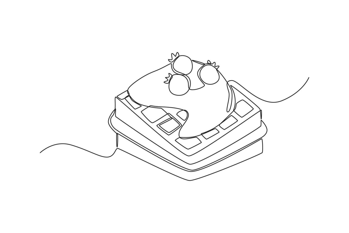 Continuous one line drawing yummy waffles with cream and berry. Dessert concept. Single line draw design vector graphic illustration.