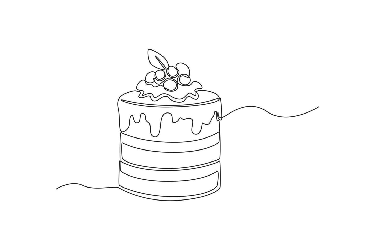 Continuous one line drawing shortcake decorated with cream. Dessert concept. Single line draw design vector graphic illustration.