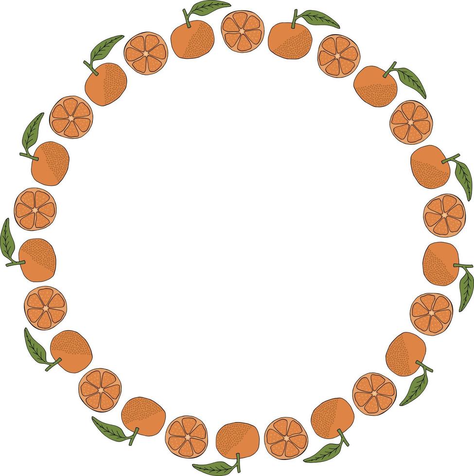 Round frame with tangerines on white background. Vector image.