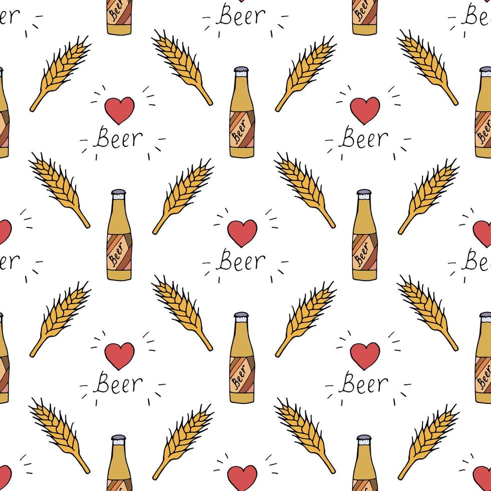 Seamless pattern with beer bottle and red hearts on white background. Vector image.