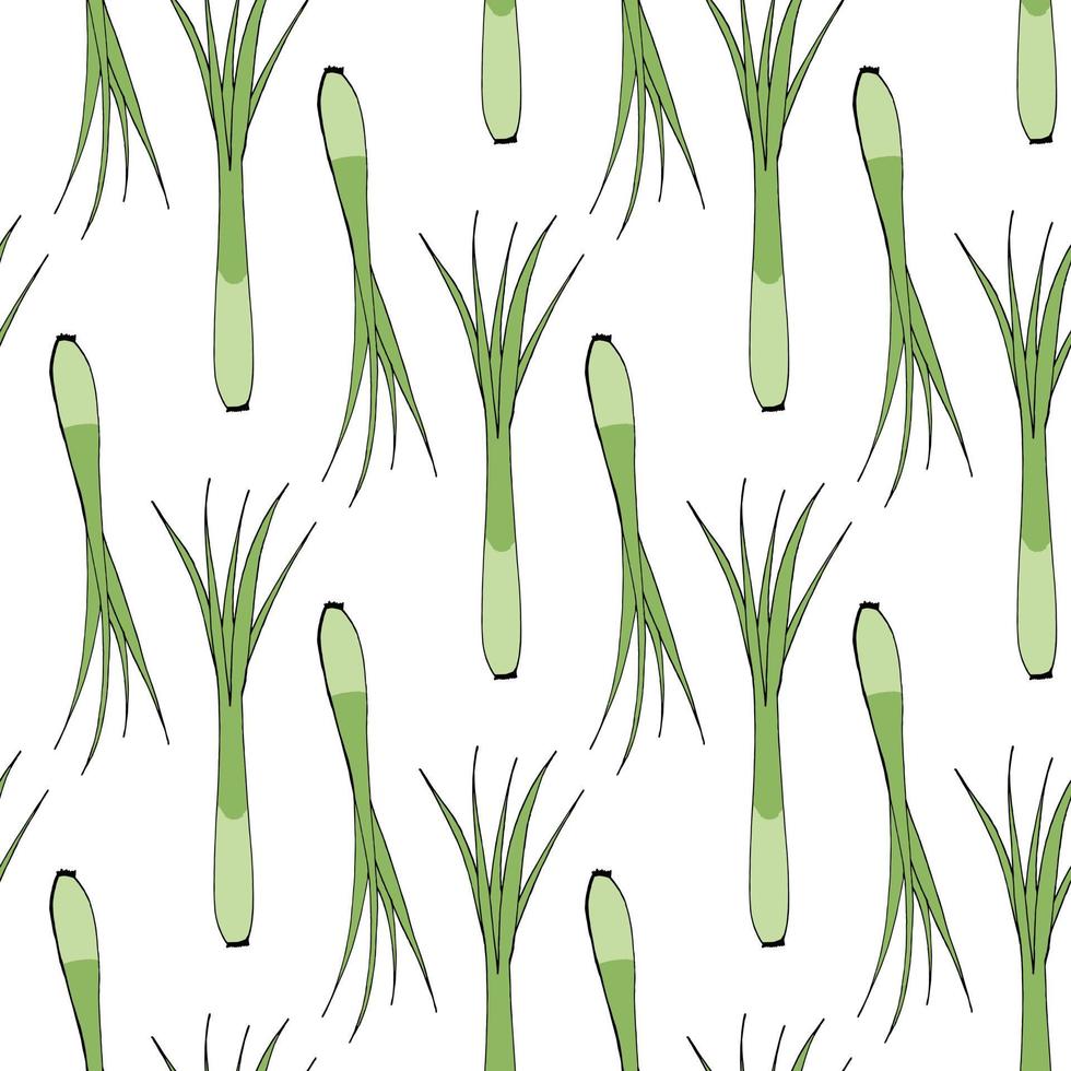 Seamless pattern with creative green onion on white background. Vector image.