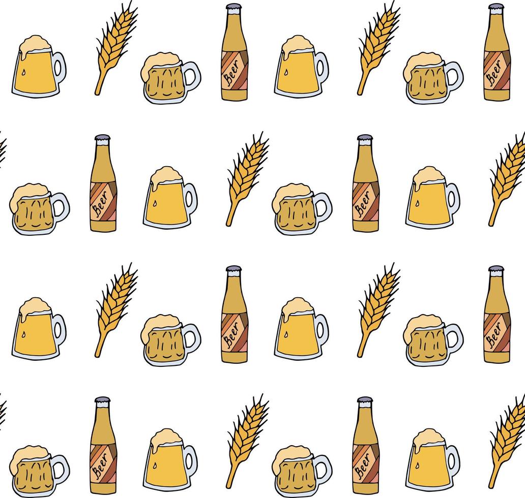 Seamless pattern with yellow beer mugs and bottle on white background. Vector image.