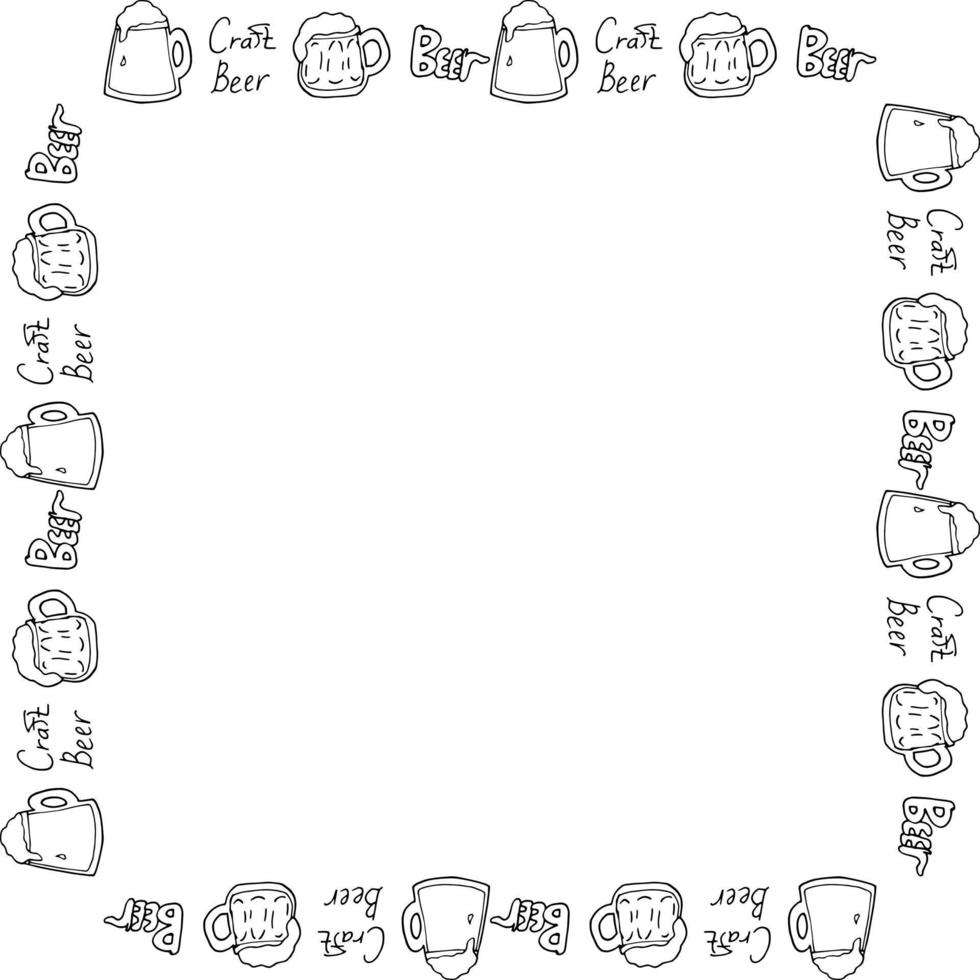Square frame with black-and-white beer mugs on white background. Vector image.