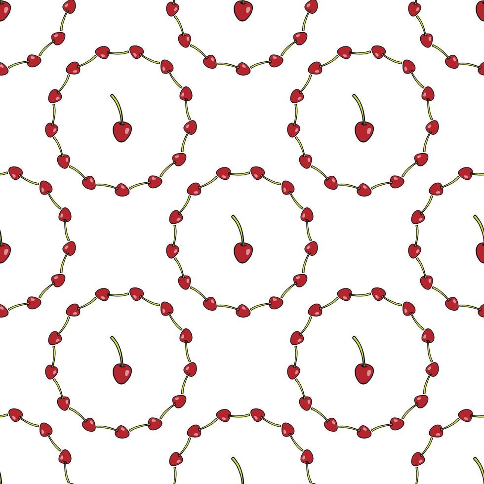Seamless pattern with cute simple cherries on white background for fabric, textile, clothes, tablecloth and other things. Vector image.