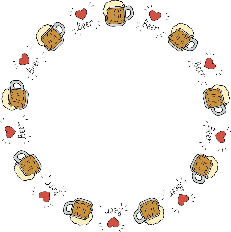 Round frame with beer mugs and hearts on white background. Vector image.