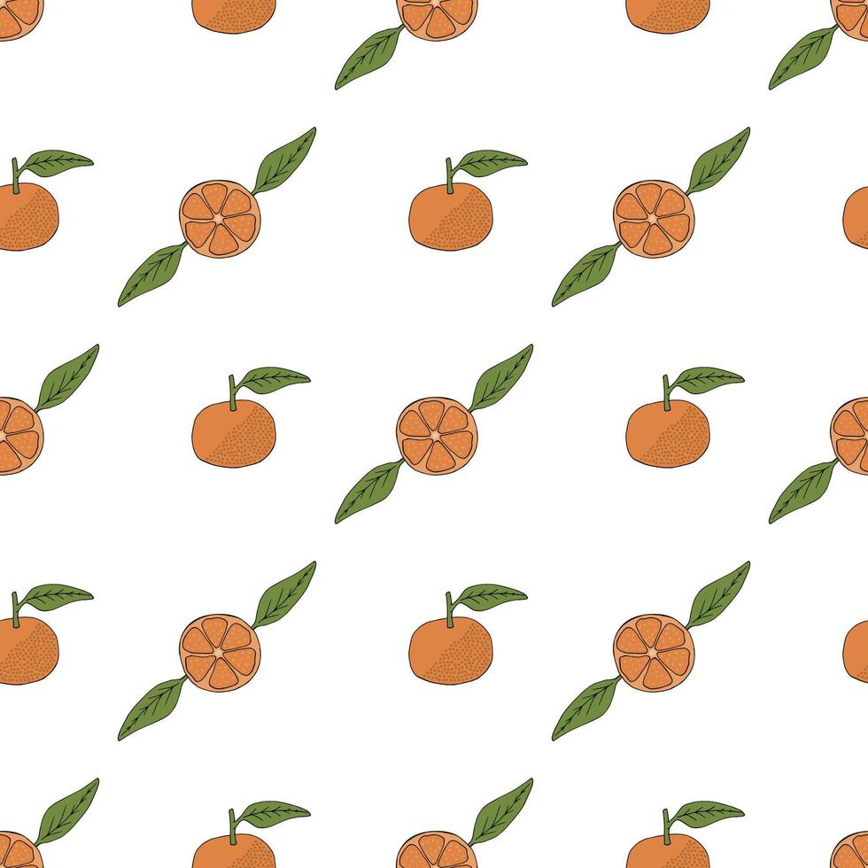 Seamless pattern with little tangerines on white background. Vector image.