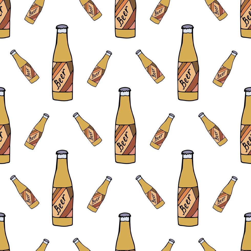 Seamless pattern with beer bottle on white background. Vector image.