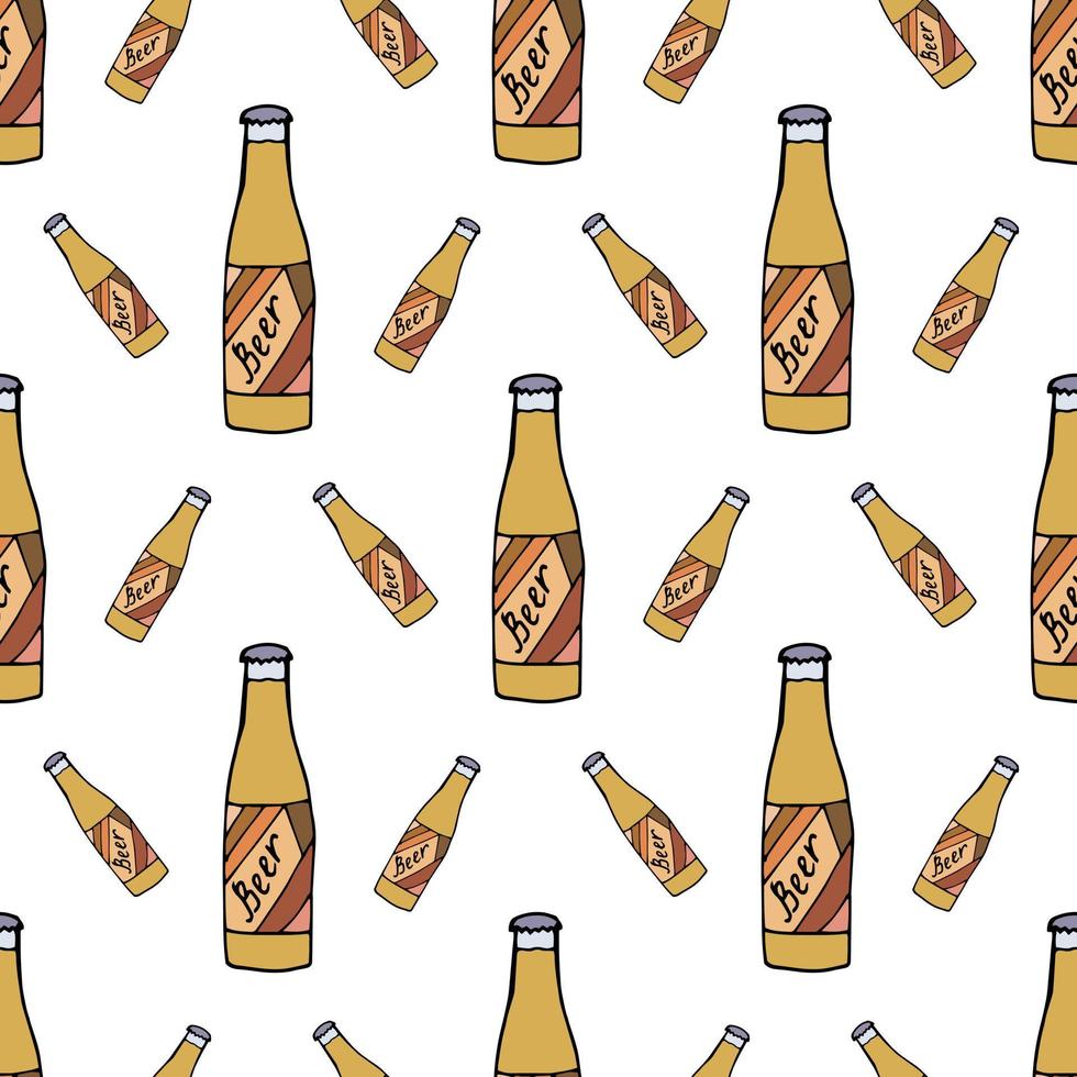 Seamless pattern with beer bottle on white background. Vector image.