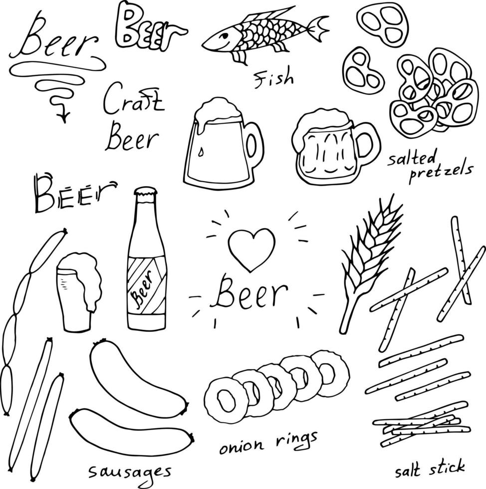 Set with black-and-white beer and various snacks on white background. Vector image.