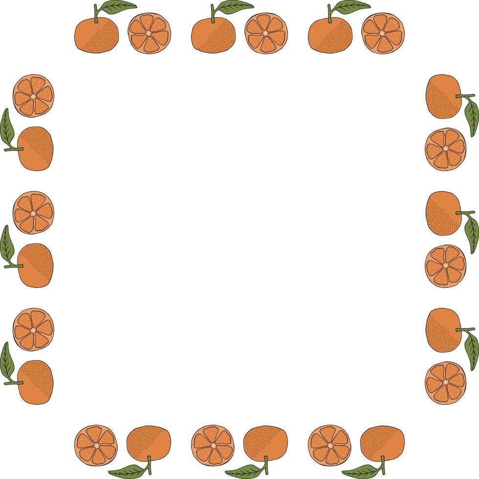 Square frame with tangerines on white background. Vector image.