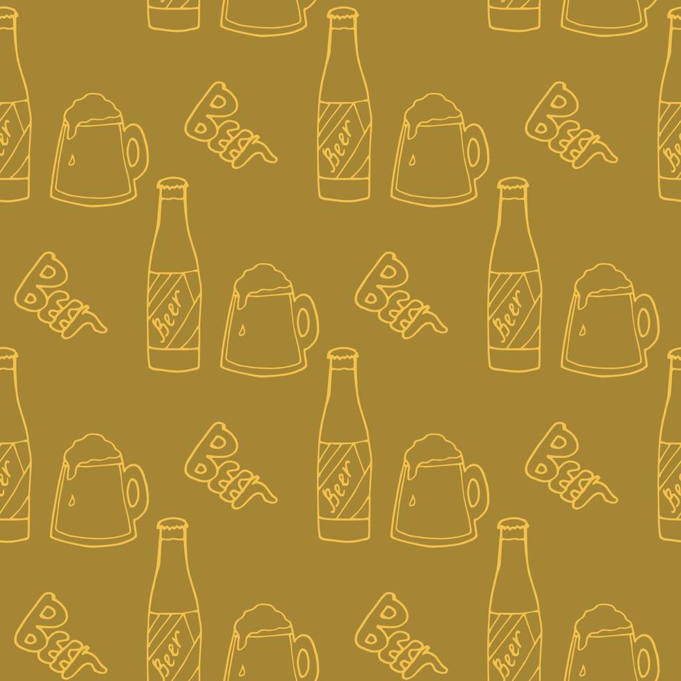 Seamless pattern with yellow beer mugs and bottle on dark beige background. Vector image.