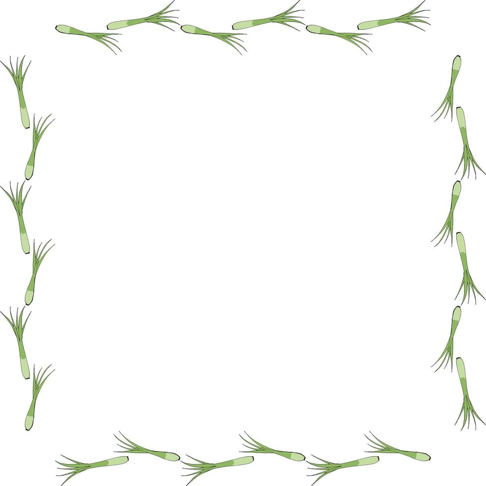 Square frame with green onion on white background. Vector image.