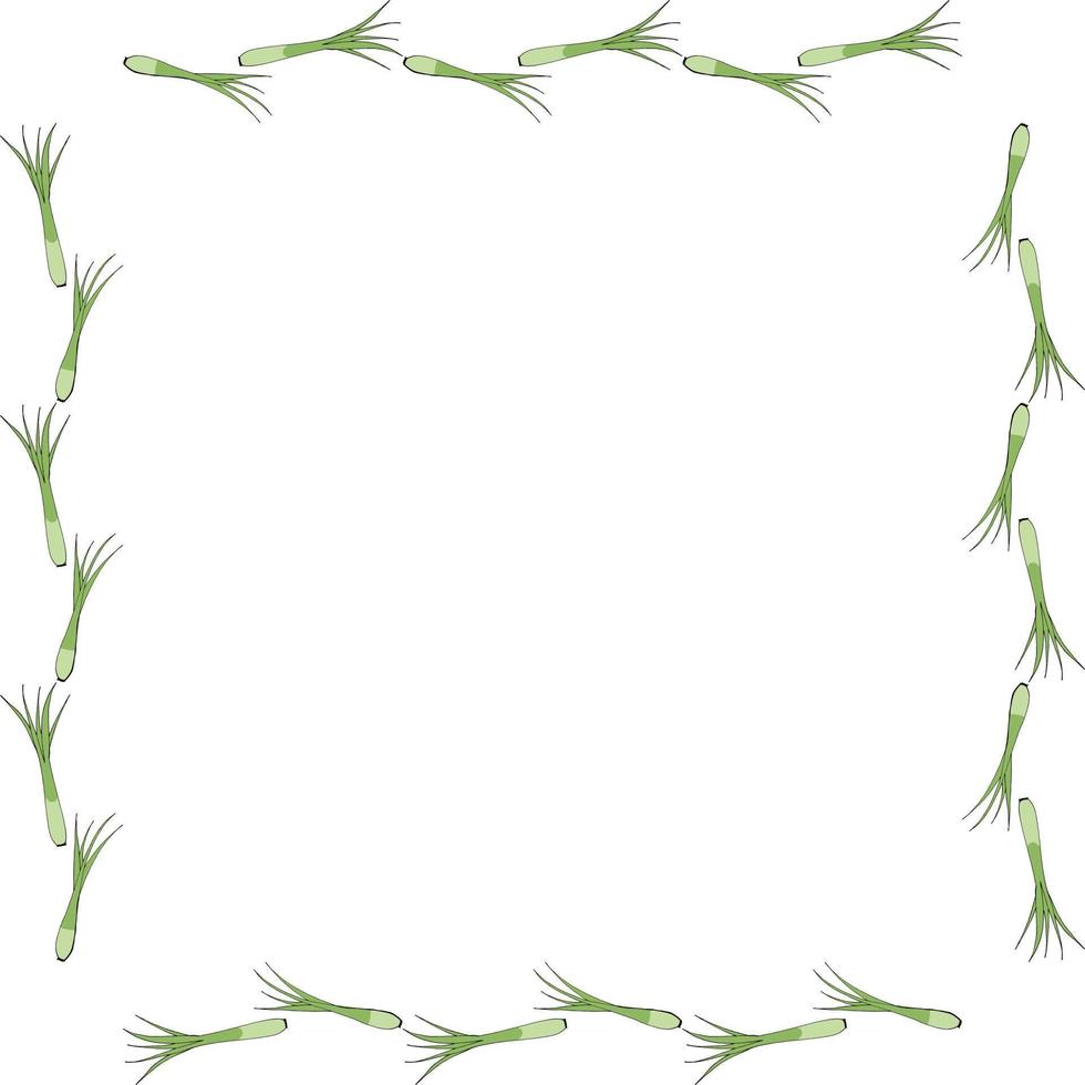 Square frame with green onion on white background. Vector image.