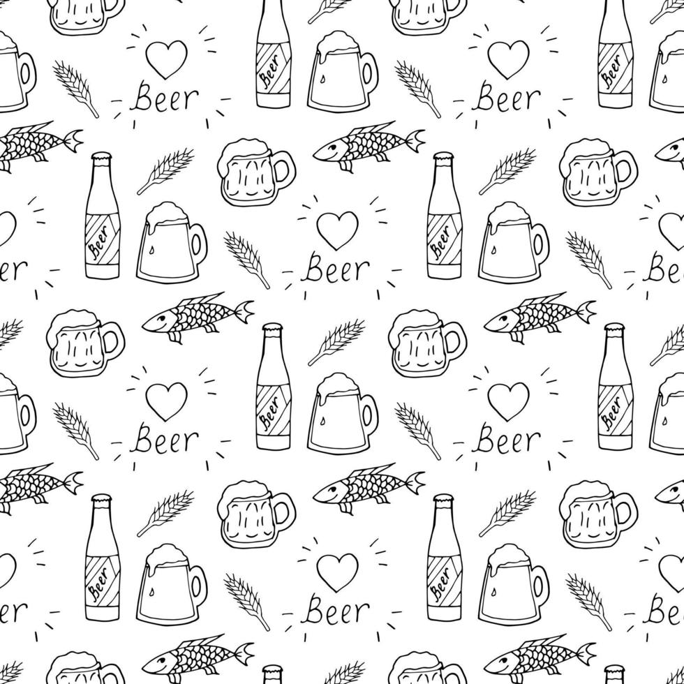 Seamless pattern with cozy black-and-white beer bottle, mugs and fish on white background. Vector image.