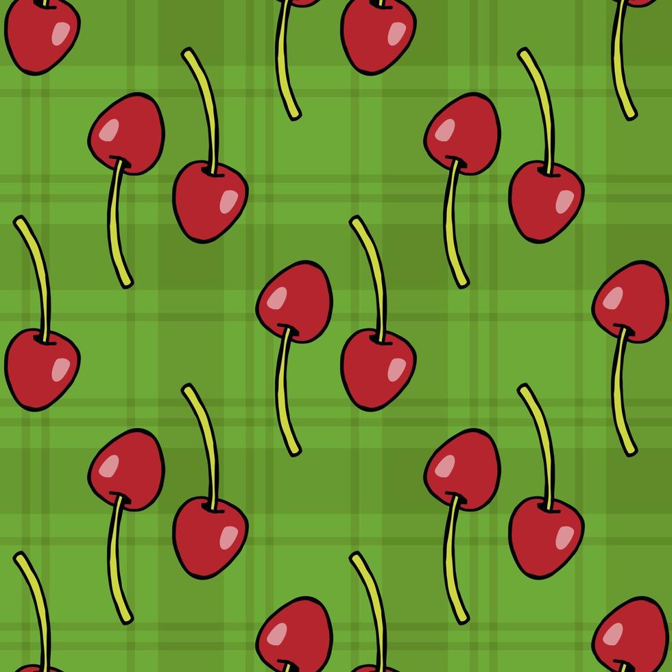 Seamless pattern with cozy cherries on bright green background for fabric, textile, clothes, tablecloth and other things. Vector image.