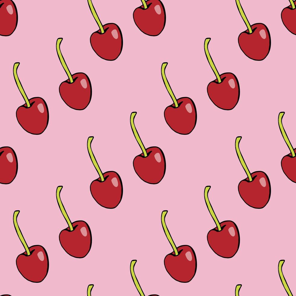 Seamless pattern with cute cherries on light pink background for fabric, textile, clothes, tablecloth and other things. Vector image.