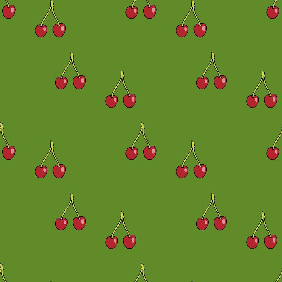 Seamless pattern with pretty cherries on green background for fabric, textile, clothes, tablecloth and other things. Vector image.