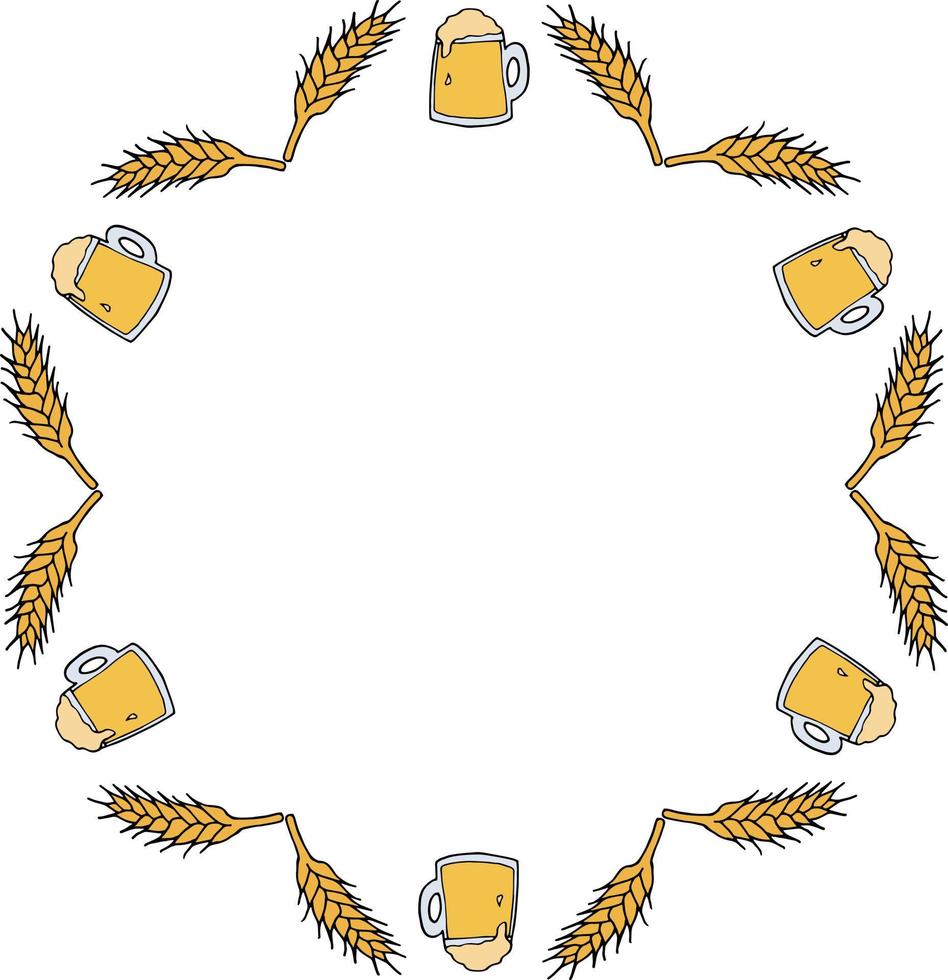 Round frame with cozy beer mugs on white background. Vector image.