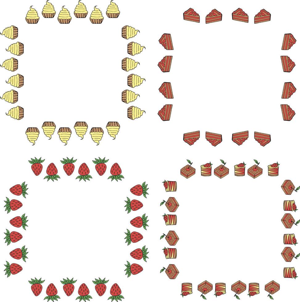 Set with square frames with little cakes and strawberries on white background. Vector image.