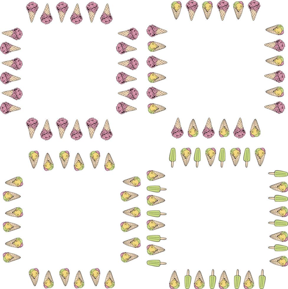 Set with square frames with ice creams on white background. Vector image.