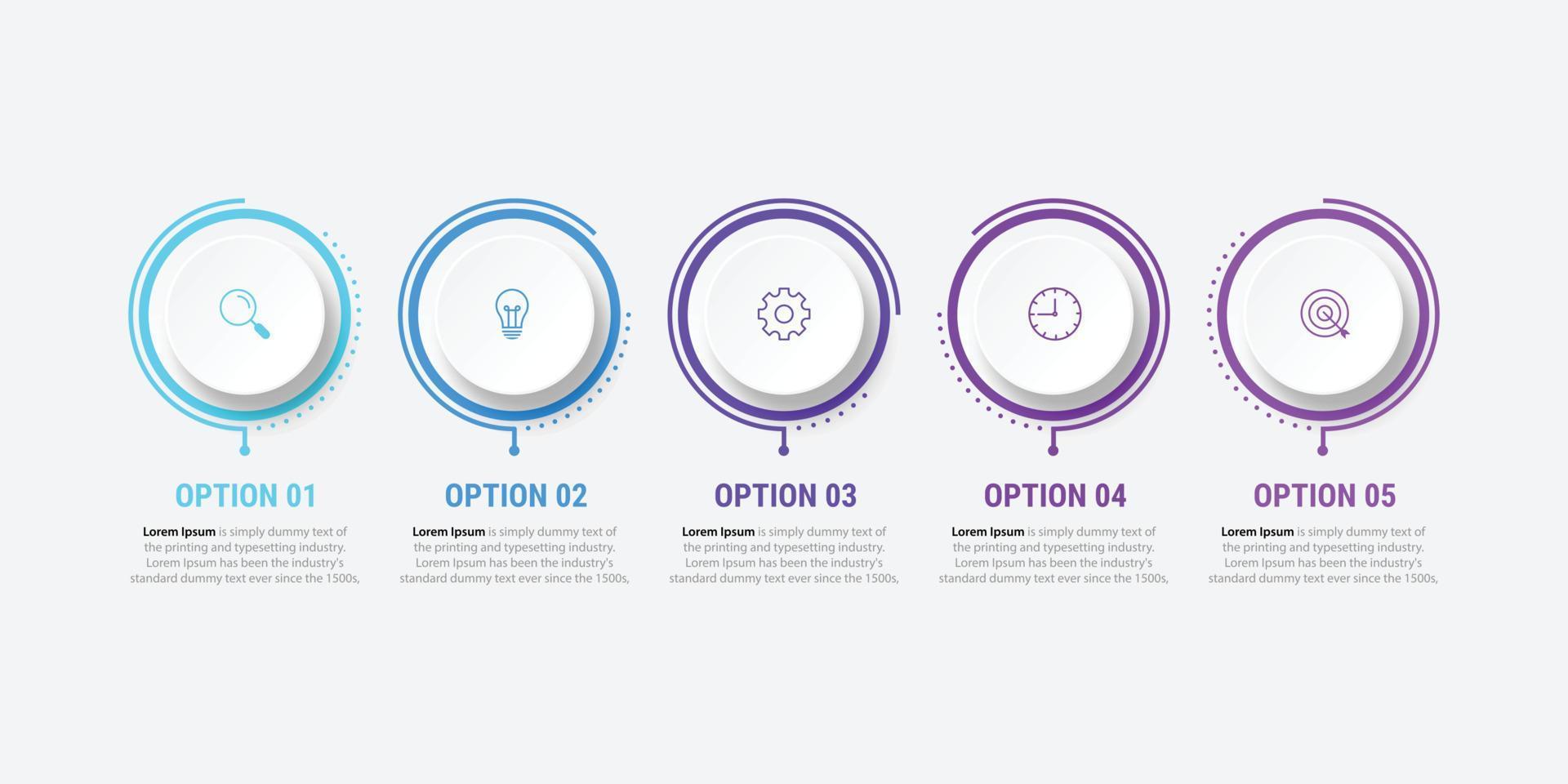 plantilla de infografía empresarial. línea de tiempo con 5 pasos, círculos, opciones e iconos de marketing. elementos infográficos lineales vectoriales. vector