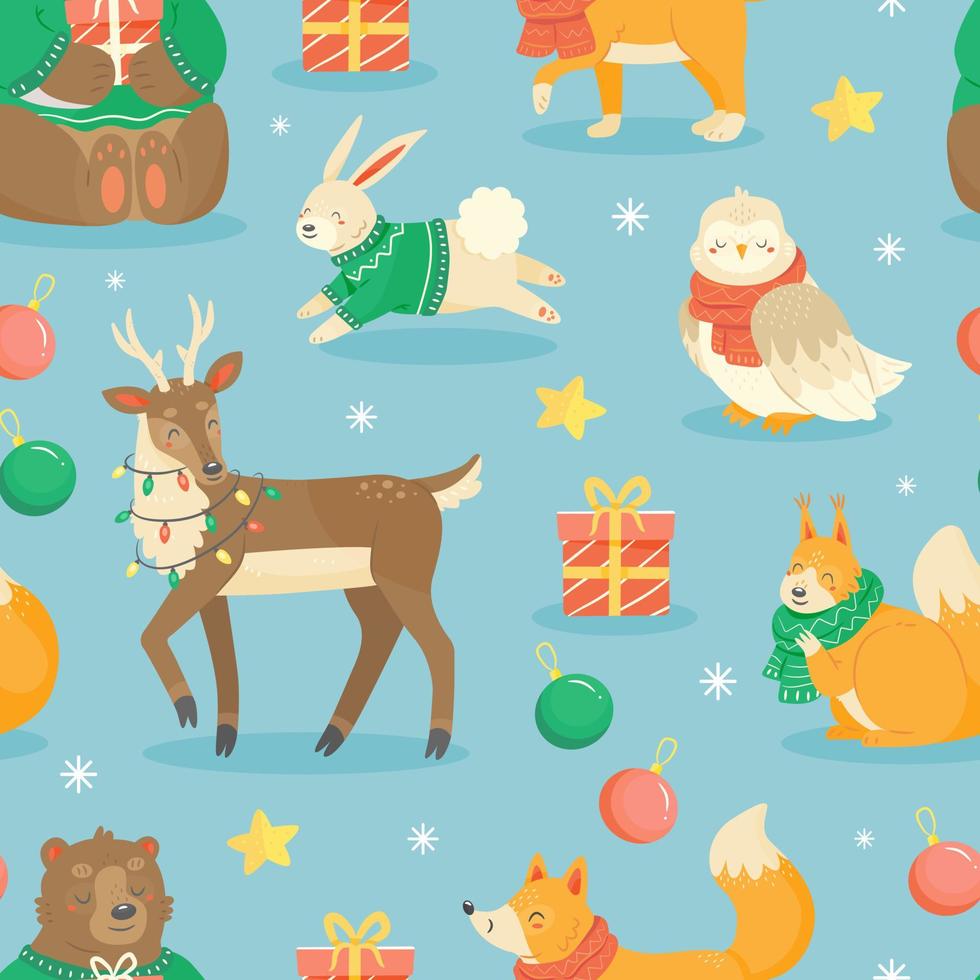 Seamless pattern with cute cartoon-style Christmas animals with gifts and christmas tree toys. Deer, bear, squirrel, owl, rabbit, fox. Vector illustration background.