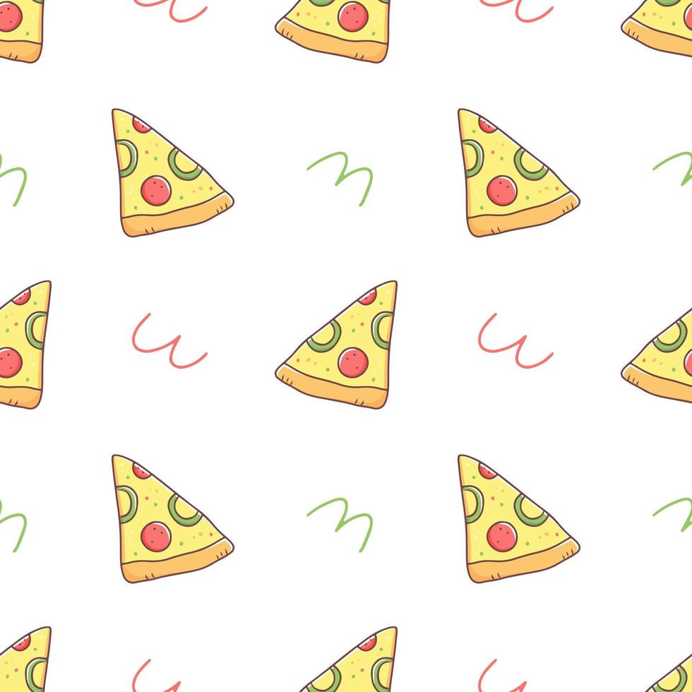 Seamless pattern with a slice of pizza in doodle style on a white background. Vector food illustration background.