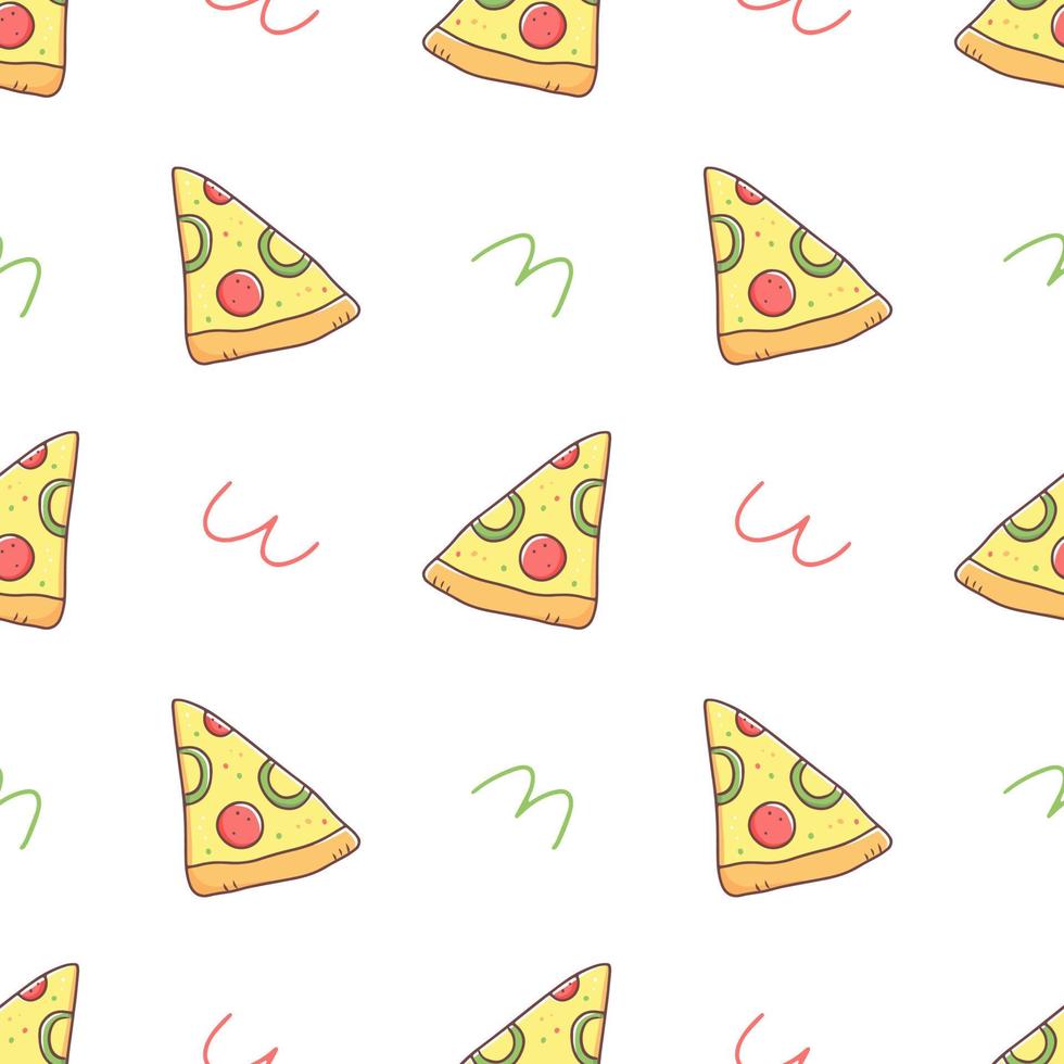 Seamless pattern with a slice of pizza in doodle style on a white background. Vector food illustration background.