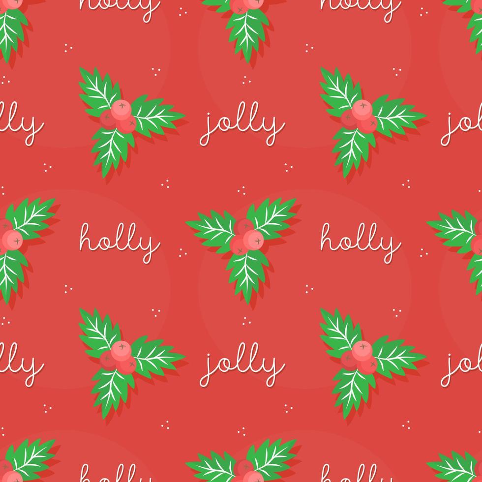 patrón sin costuras de año nuevo con texto holly y holly jolly sobre un fondo rojo. vector fondo de ilustración de navidad.
