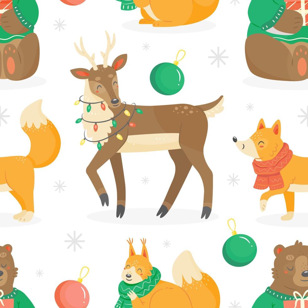 Seamless pattern with cute cartoon-style Christmas animals deer, fox, bear and squirrel on white background. Vector holiday illustration background.