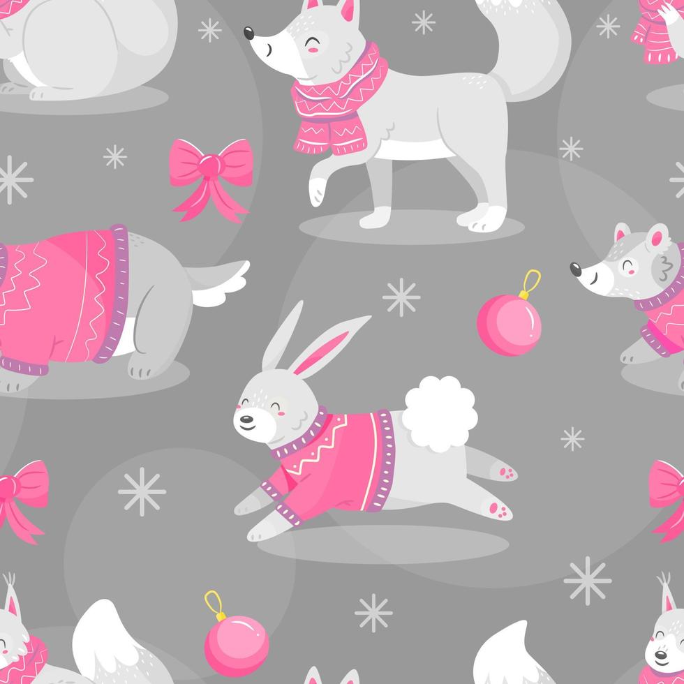 Seamless pattern with cute cartoon-style Christmas animals rabbit, fox, squirrel and badger on grey background. Vector holiday illustration background.