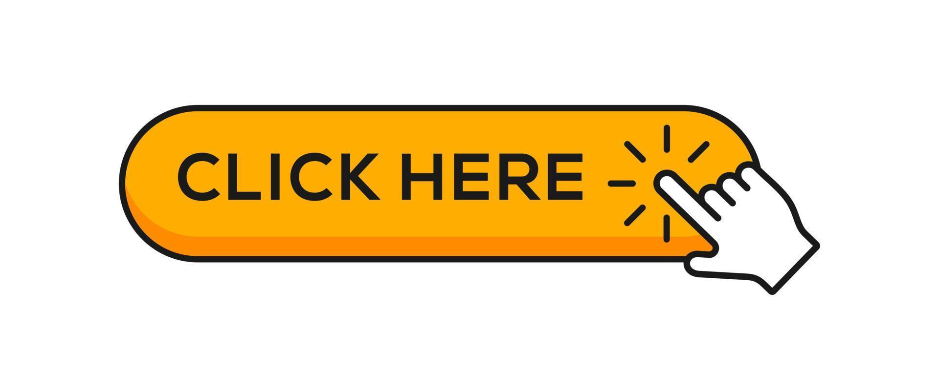 Click here banner vector. Web button with action of hand pointer clicking. Click here, UI button concept for website. vector