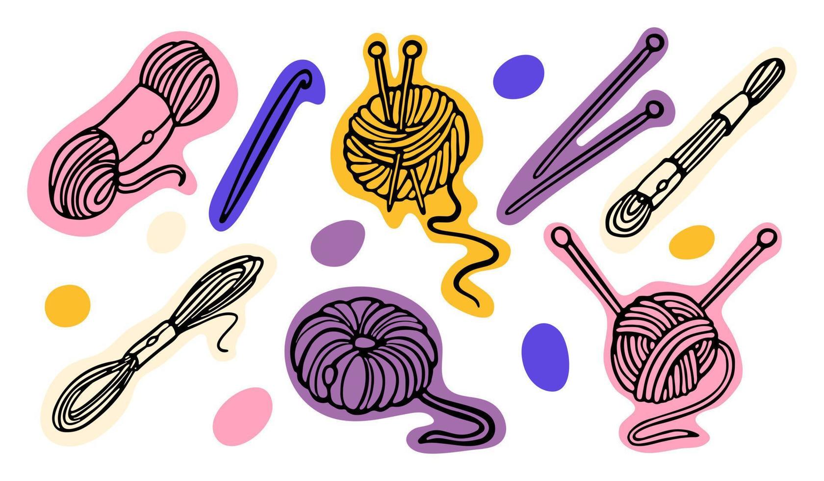 Knitting Needles and Balls of Wool Yarn outline doodles on color spots. Vector illustration in Cartoon style. Symbol of Knitting, hobby, needlework.