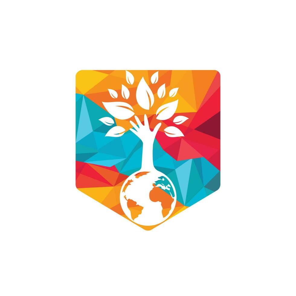 Globe and hand tree vector logo design. Ecology and sustainable concept.