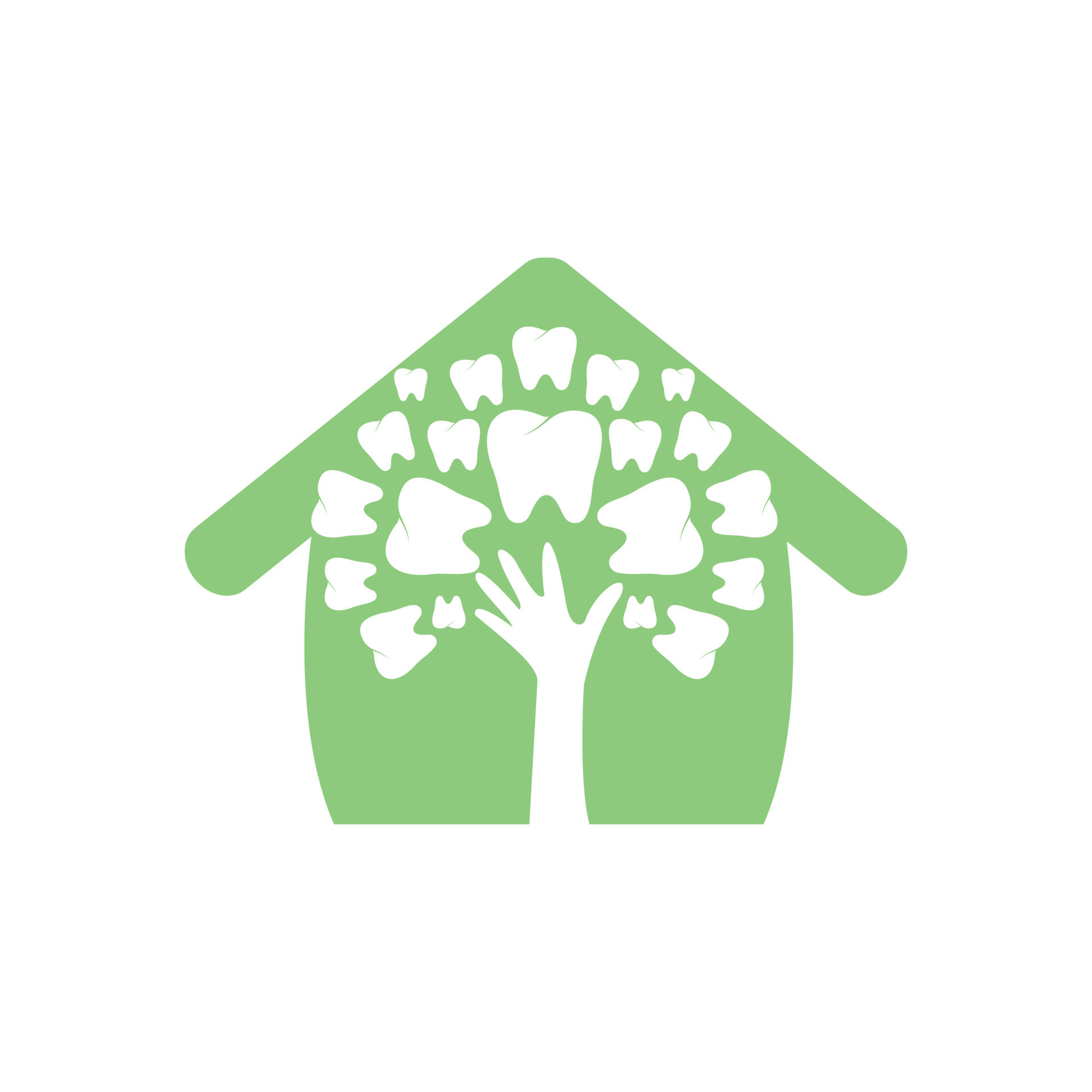 Dental care vector logo template. Teeth and hand tree with home icon