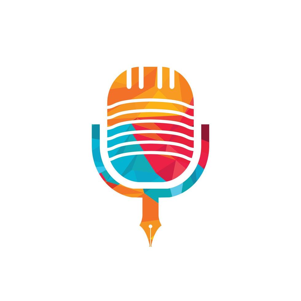 Pen microphone conference podcast radio logo design. Education podcast vector logo design.