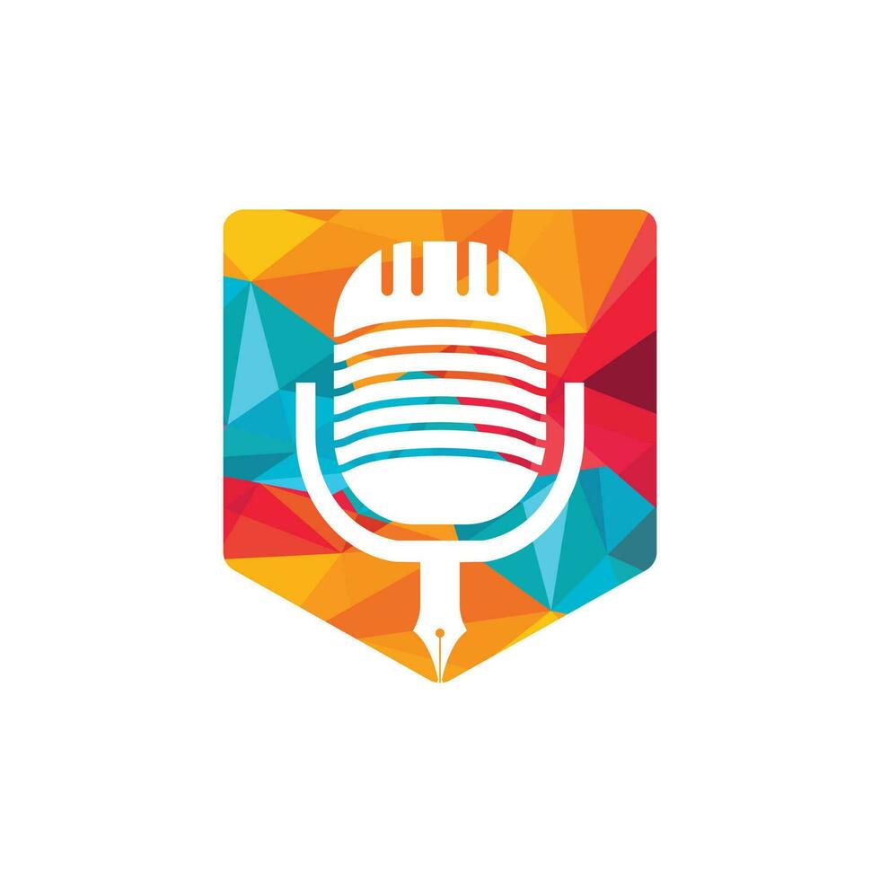 Pen microphone conference podcast radio logo design. Education podcast vector logo design.