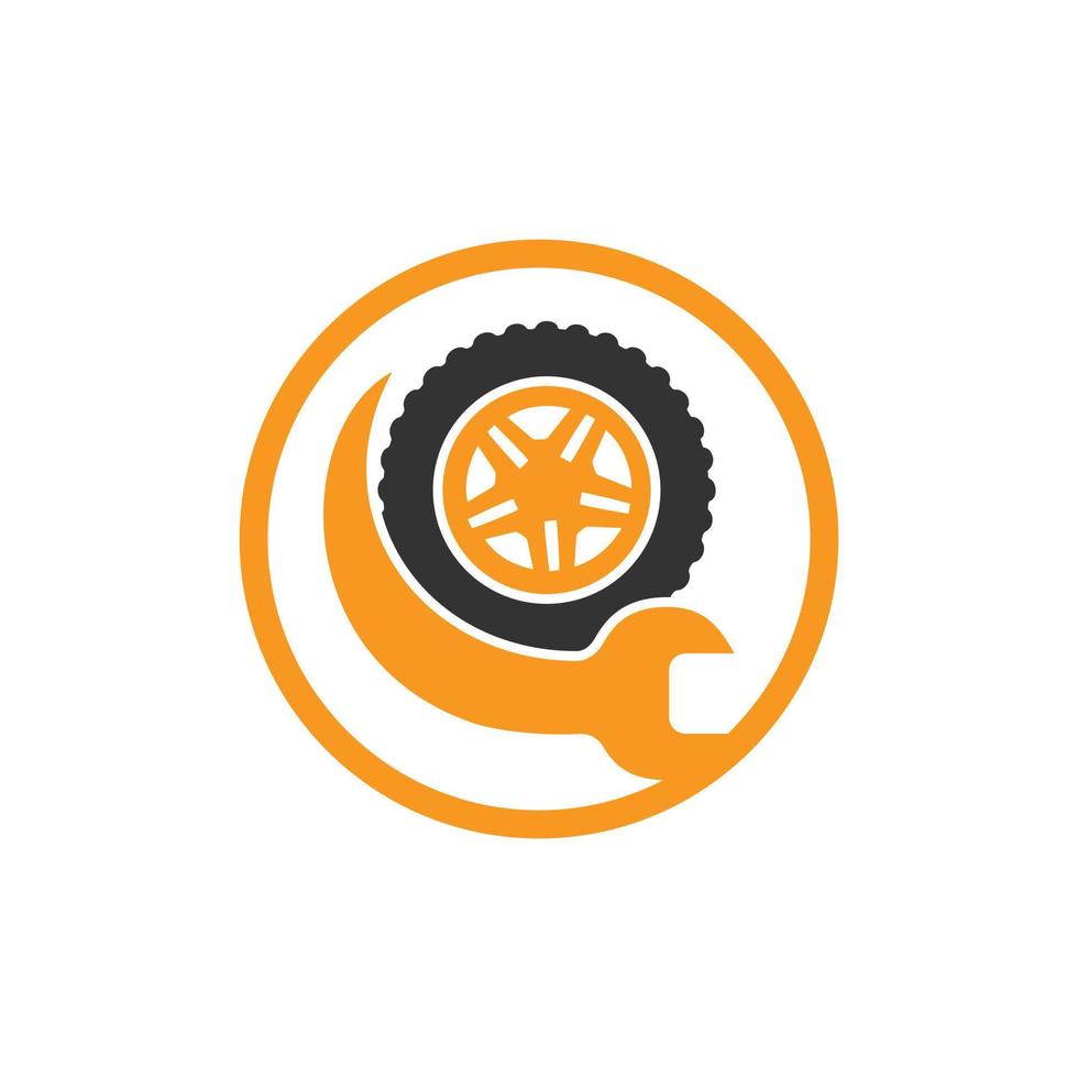 diseño del logotipo vectorial del taller de reparación de neumáticos. diseño de icono de llave y neumático. vector