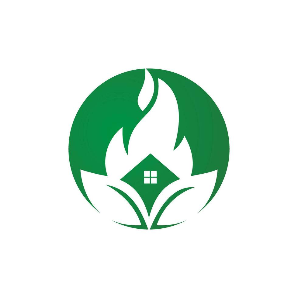 restauración de la casa de la plantilla del logotipo del vector de desastre. fuego doméstico con icono de hoja.