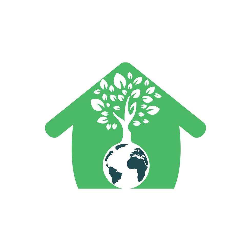 Globe tree with home vector logo design template. Planet and eco symbol or icon.