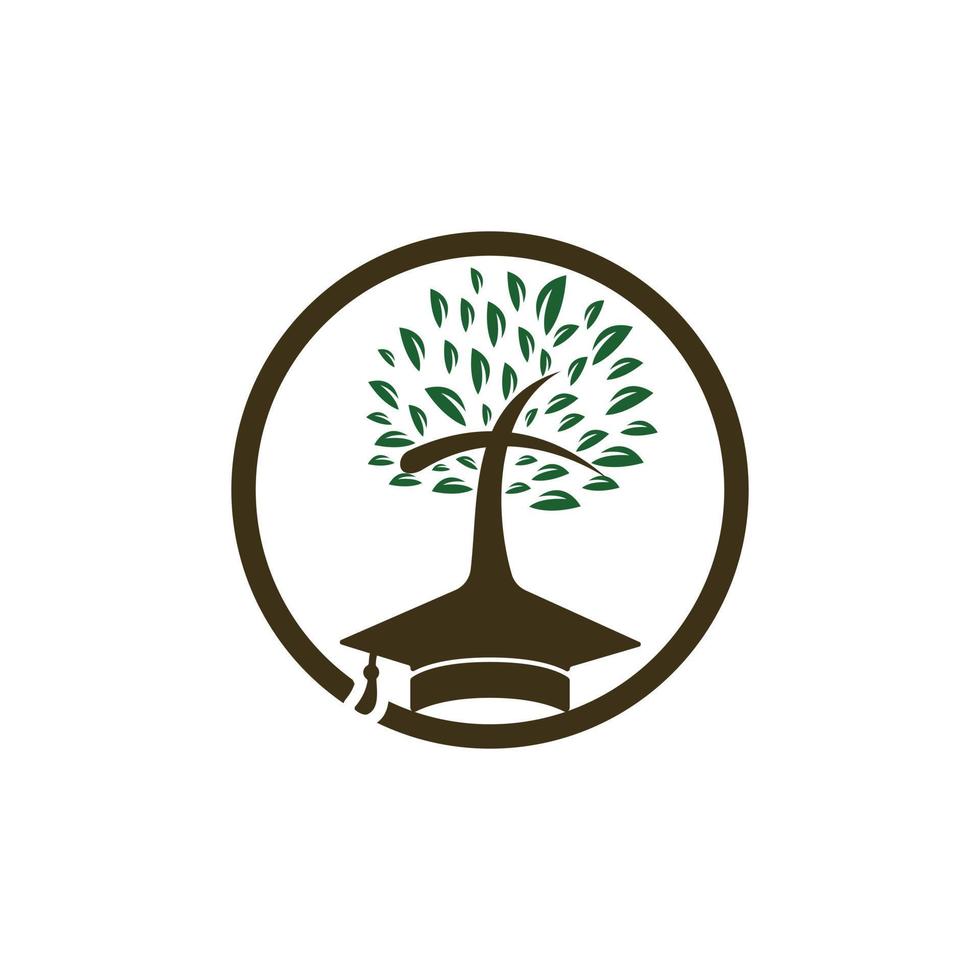 diseño del logotipo del vector de la iglesia educativa. gorra de graduación y diseño de icono de árbol cruzado.