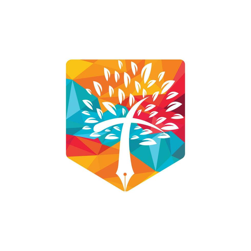 pluma de árbol y plantilla de diseño de logotipo de vector cruzado. clase de aprendizaje y enseñanza de la biblia.