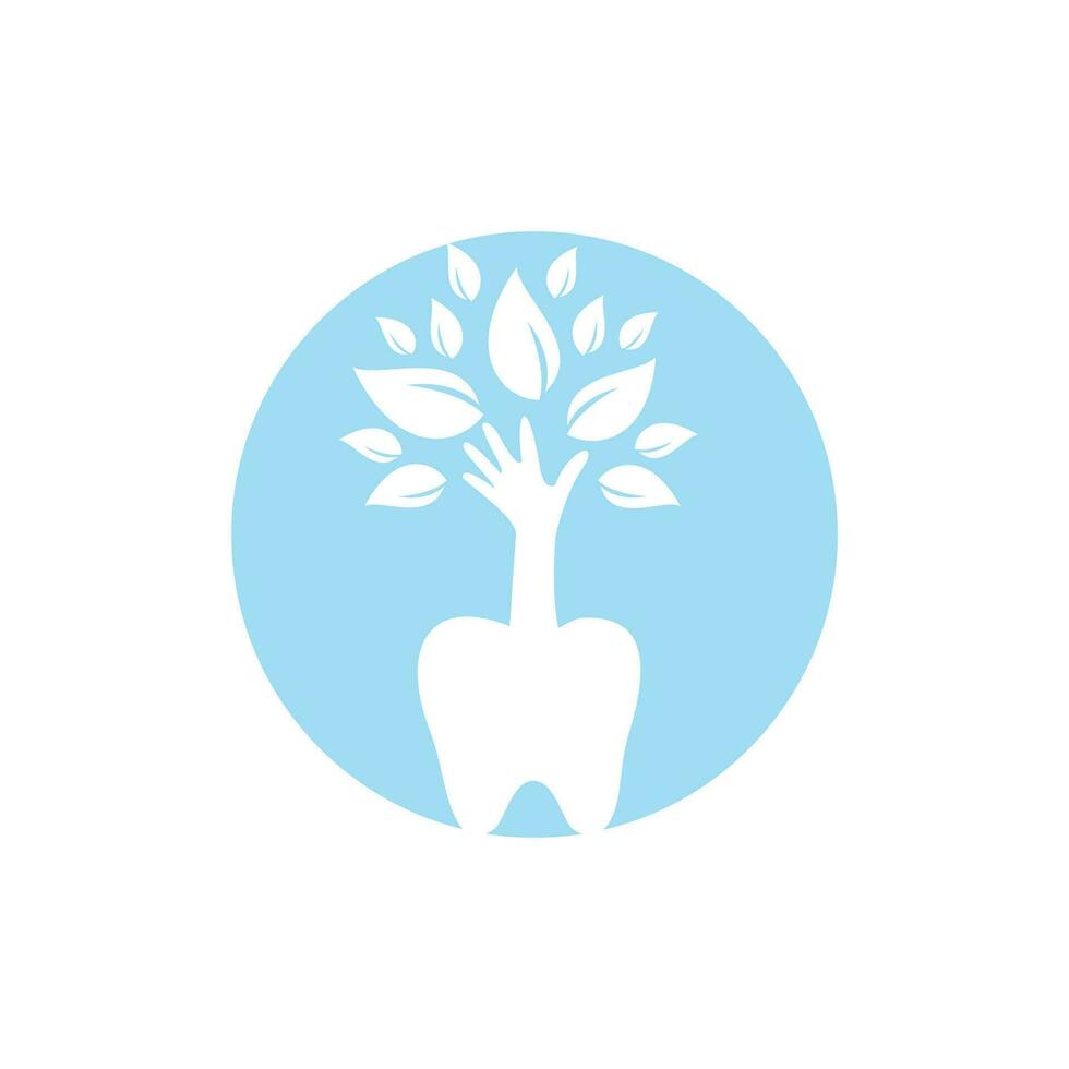 plantilla de logotipo de vector de cuidado dental. diseño de iconos de dientes y árboles de mano.